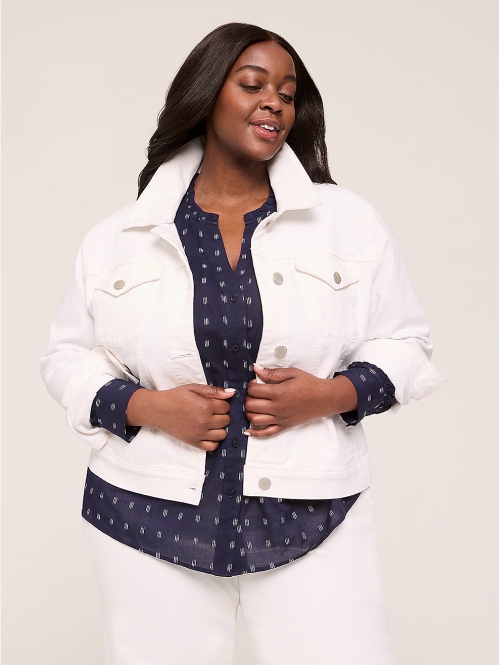 Lane Bryant White Denim Jacket with Button Front